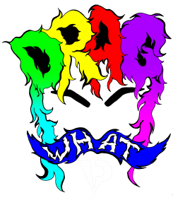 Link to Drag What?! section. [Image: An eyeless face with rainbow hair spelling out the word 'Drag', a bushy blue moustache has the word 'what' shaved in and an interrobang shapes the mouth.]