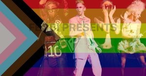 A progress rainbow flag has been superimposed over four versions of Lx Electric in different outifits. 