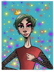 Link to Lx Electric [Image: A beautifully drawn depiction of Lx, a white person with short green hair, wearing a red top with fishnet sleeves. A gold crown floats above their head against a blue background lit up with fairy lights.]